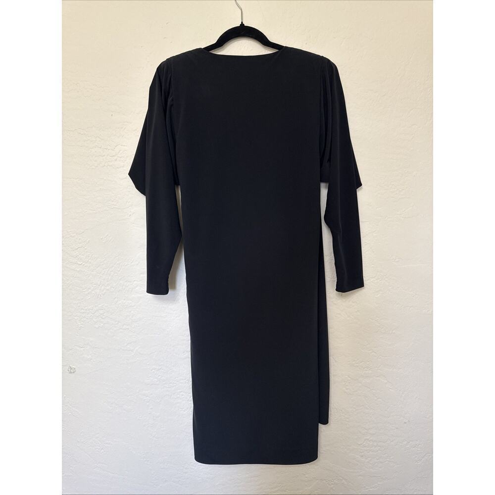 Vtg 80s Neiman Marcus Black Dress Ruched Rhinestones Long Sleeve Shoulder Pads - Picture 6 of 9